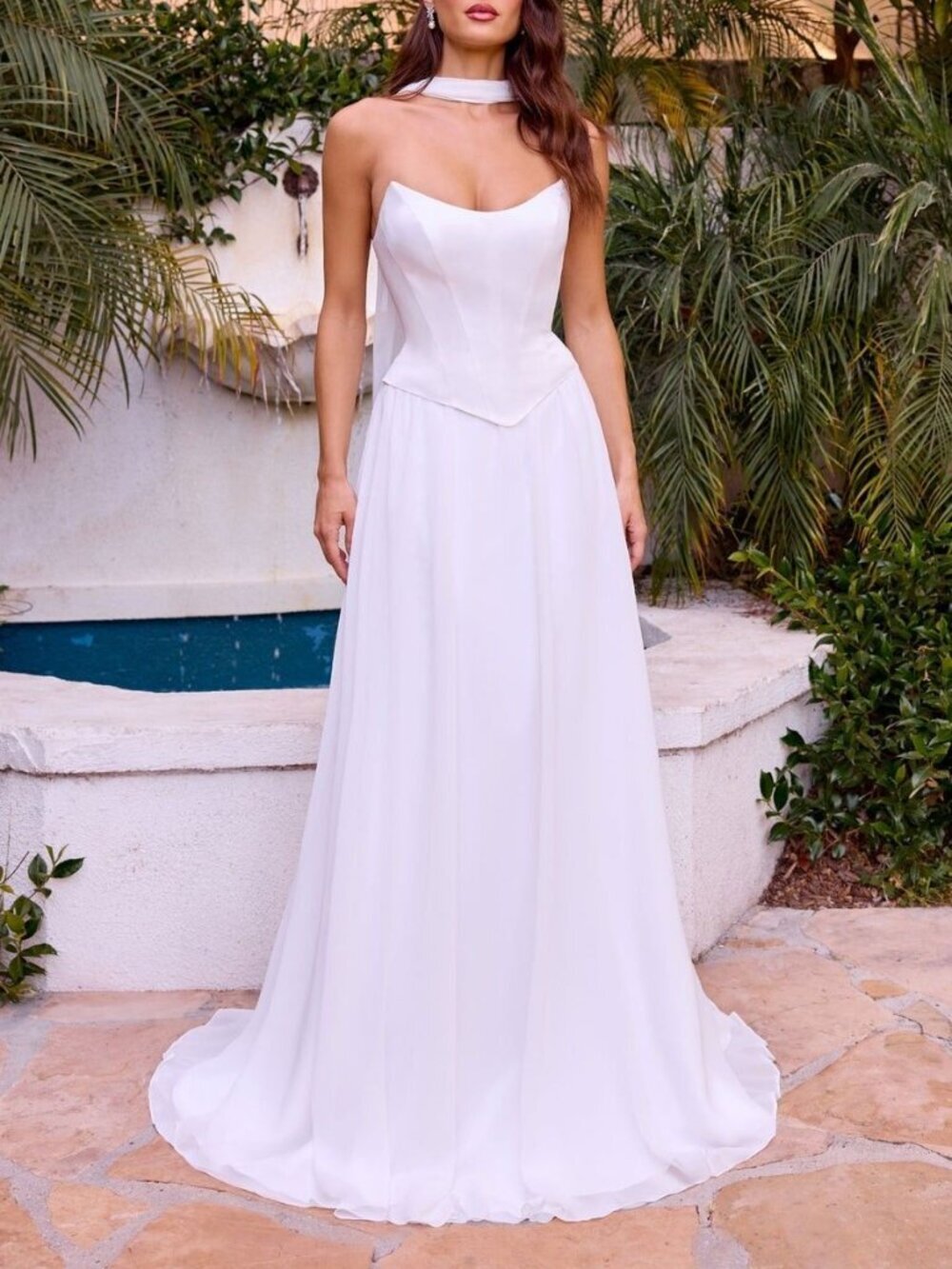 NWT Ladivine - OFF WHITE - STRAPLESS CHIFFON DRESS WITH SCARF
